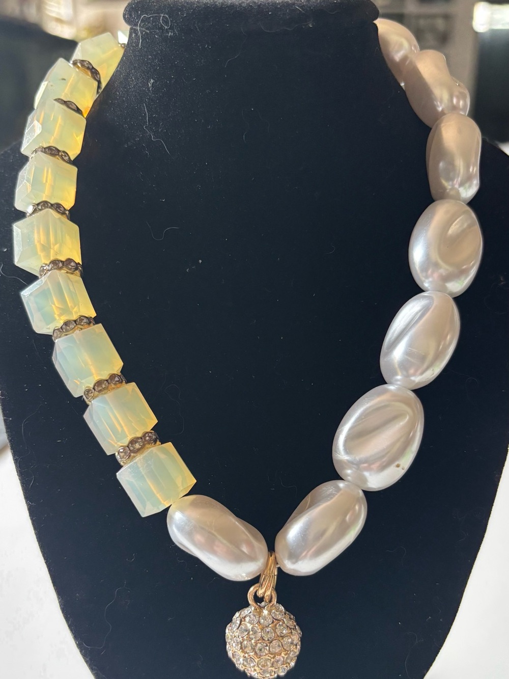 Chico’s Asymmetrical Faux Pearl Opalescent Cube Rhinestone Ball Necklace
